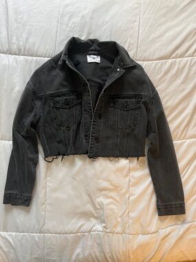 Redial Black Cropped Denim Jacket | Distressed Hem | Size S